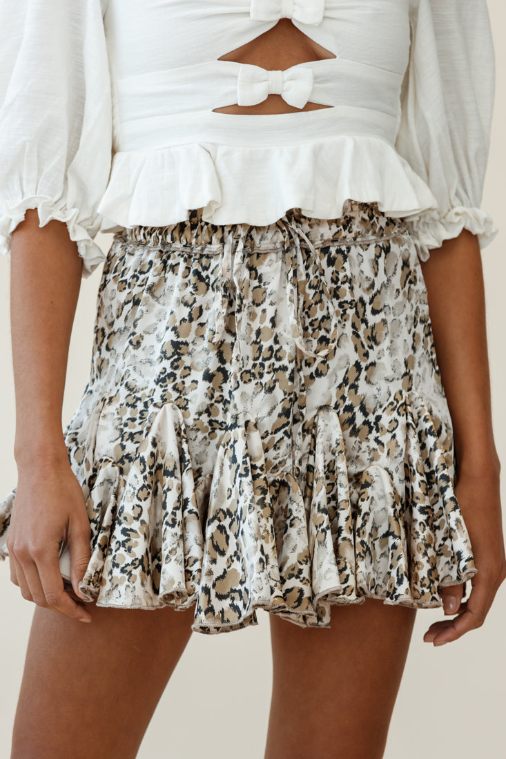 Robyn Flounce Mini Skirt Champagne Leopard by Selfie Leslie