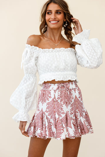 Shop the Robyn Flounce Mini Skirt Leaf Pattern White | Selfie Leslie