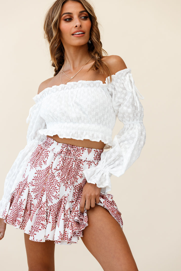 Robyn Flounce Mini Skirt Leaf Pattern White by Selfie Leslie