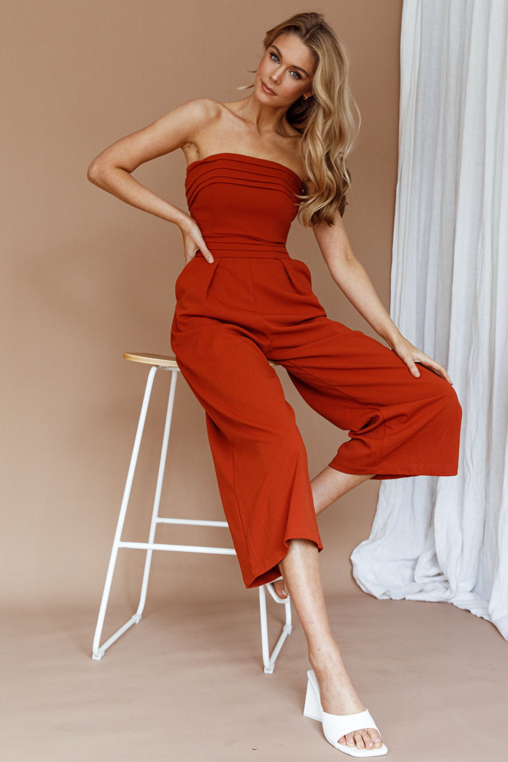 Chosen Strapless Wide Leg Jumpsuit Orange by Selfie Leslie