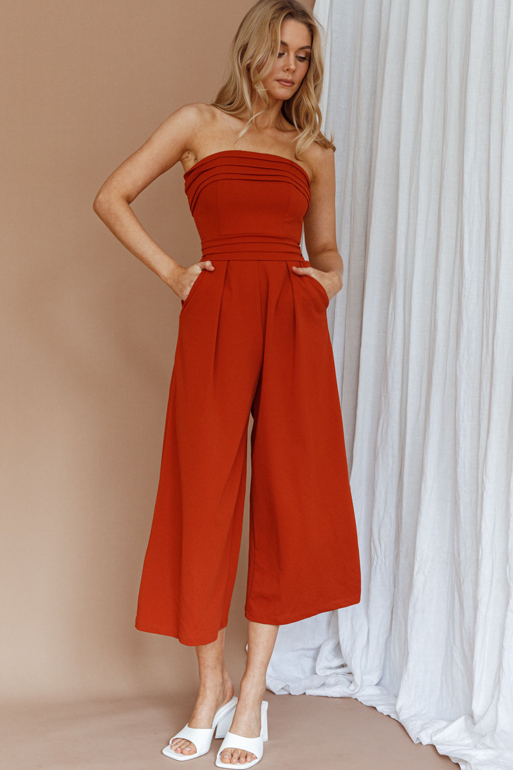 Chosen Strapless Wide Leg Jumpsuit Orange by Selfie Leslie