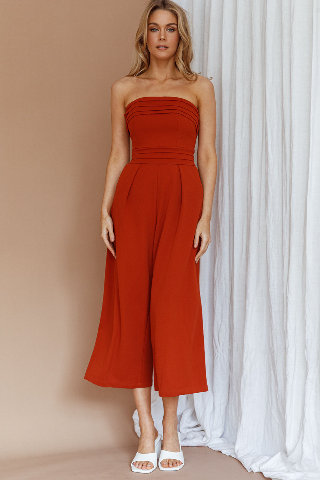 Chosen Strapless Wide Leg Jumpsuit Orange by Selfie Leslie