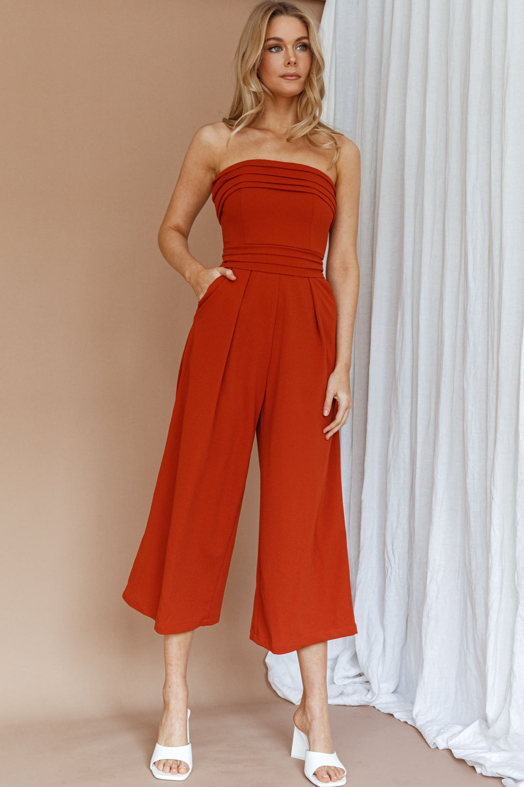 Chosen Strapless Wide Leg Jumpsuit Orange by Selfie Leslie