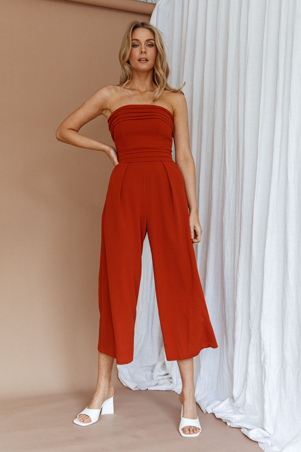 Chosen Strapless Wide Leg Jumpsuit Orange by Selfie Leslie