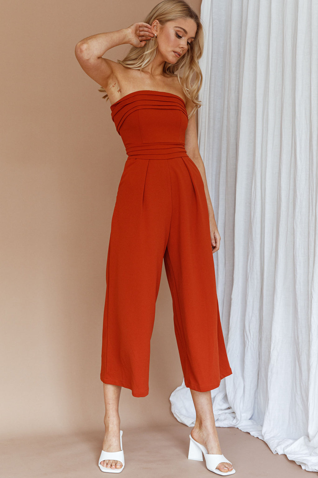 Chosen Strapless Wide Leg Jumpsuit Orange by Selfie Leslie