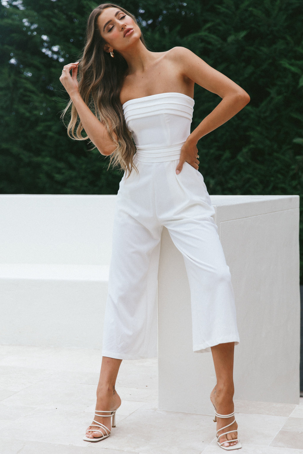 Chosen Strapless Wide Leg Jumpsuit White by Selfie Leslie