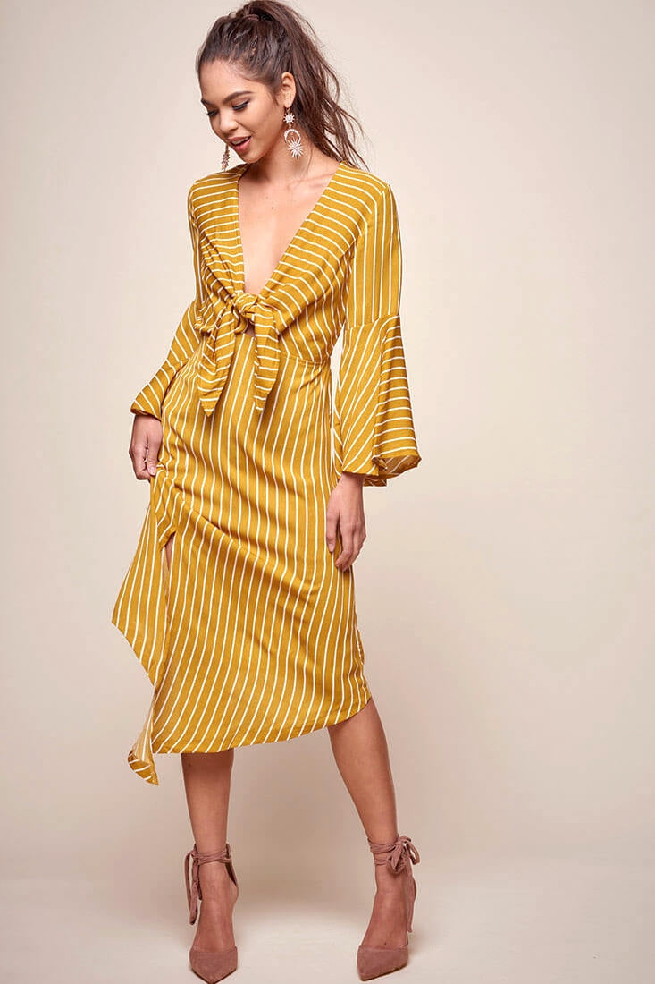 Jaedyn Waist Tie Bell Sleeve Dress Mustard by Selfie Leslie