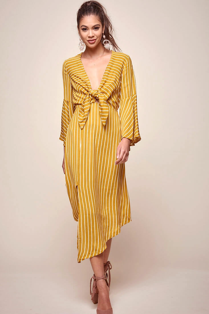 Jaedyn Waist Tie Bell Sleeve Dress Mustard by Selfie Leslie