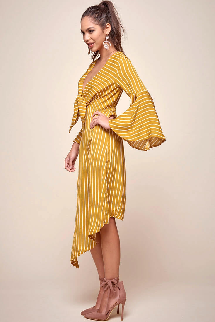 Jaedyn Waist Tie Bell Sleeve Dress Mustard by Selfie Leslie