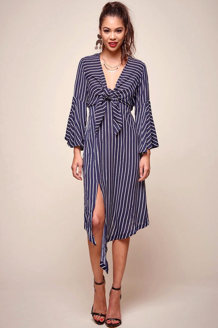 Jaedyn Waist Tie Bell Sleeve Dress Navy by Selfie Leslie