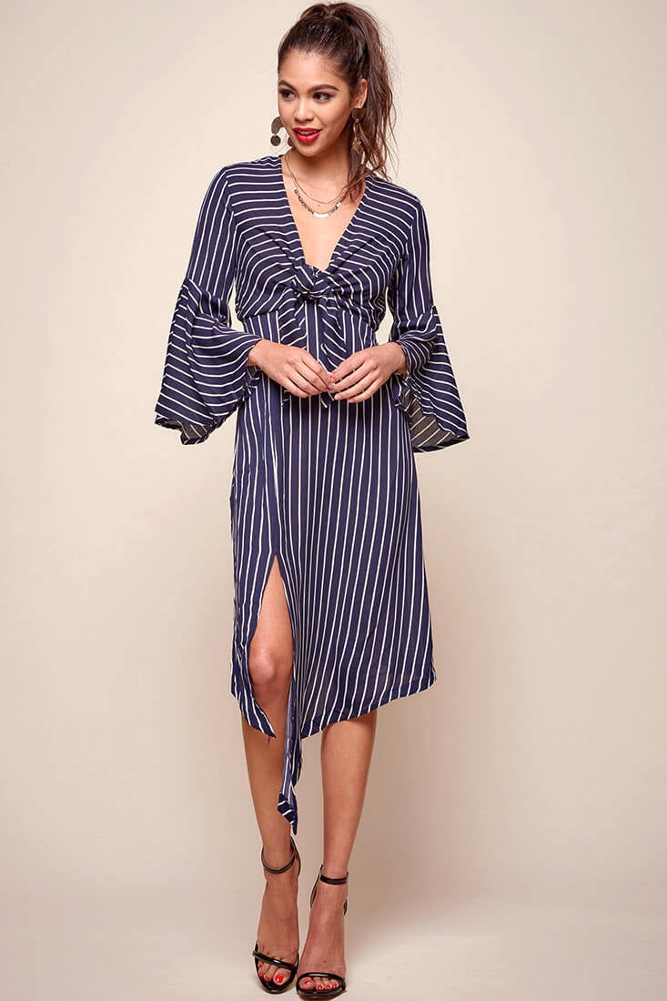 Jaedyn Waist Tie Bell Sleeve Dress Navy by Selfie Leslie
