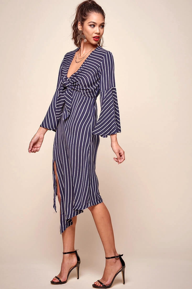 Jaedyn Waist Tie Bell Sleeve Dress Navy by Selfie Leslie