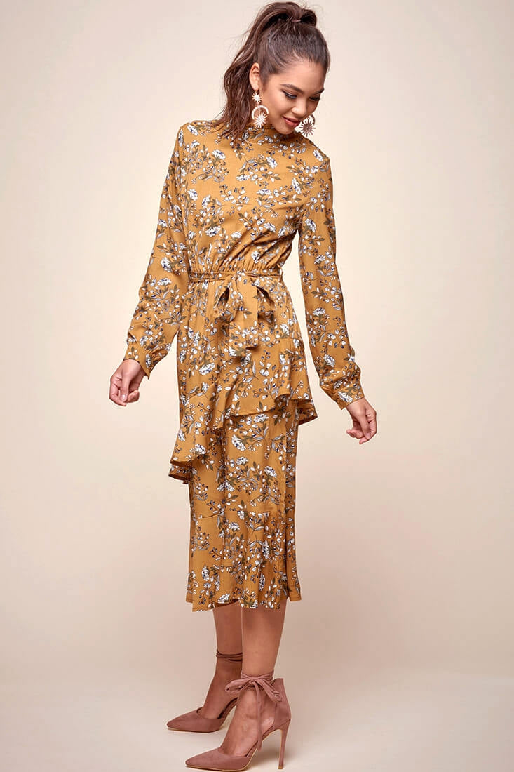 Jackson Waist Tie Bell Sleeve Dress Mustard by Selfie Leslie