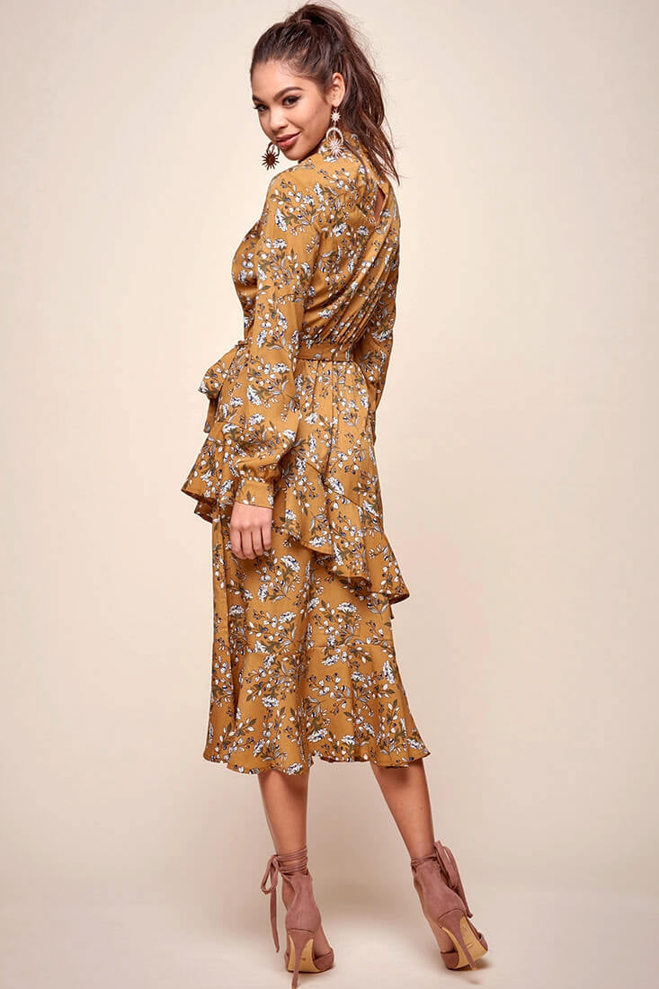 Jackson Waist Tie Bell Sleeve Dress Mustard by Selfie Leslie