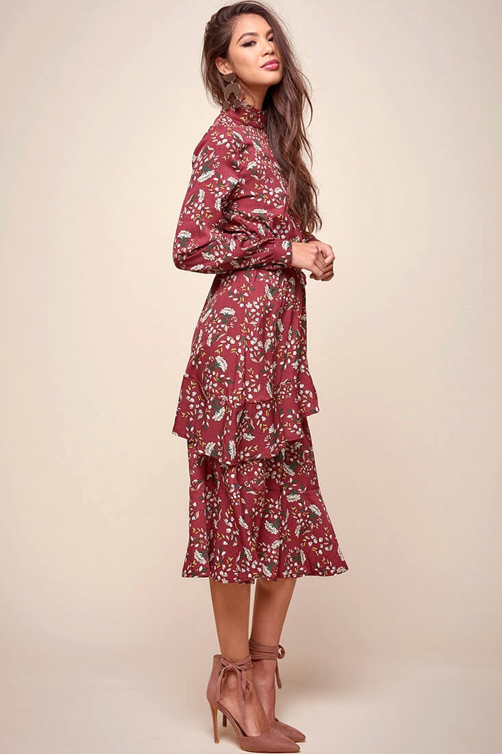 Jackson Waist Tie Bell Sleeve Dress Red Wine by Selfie Leslie