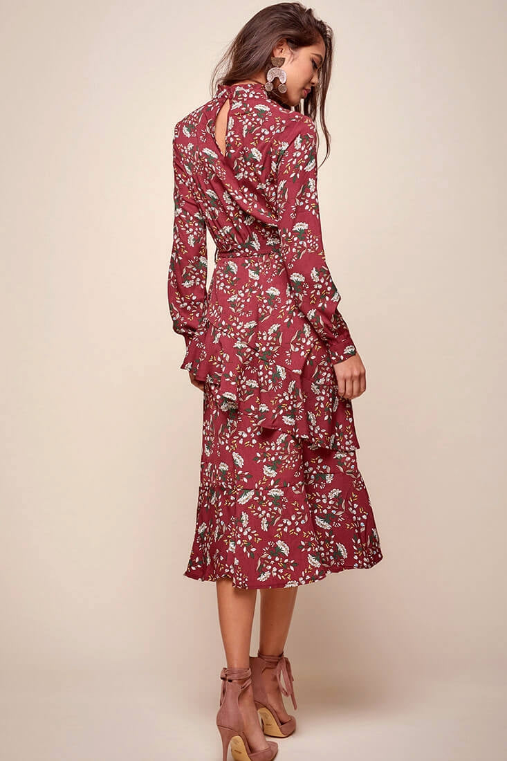 Jackson Waist Tie Bell Sleeve Dress Red Wine by Selfie Leslie