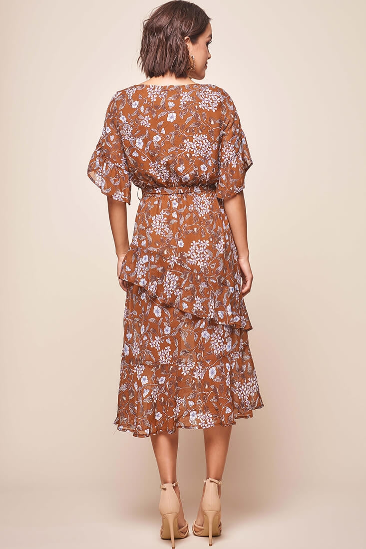 Jackson Waist Tie Ruffle Dress Rust Print by Selfie Leslie
