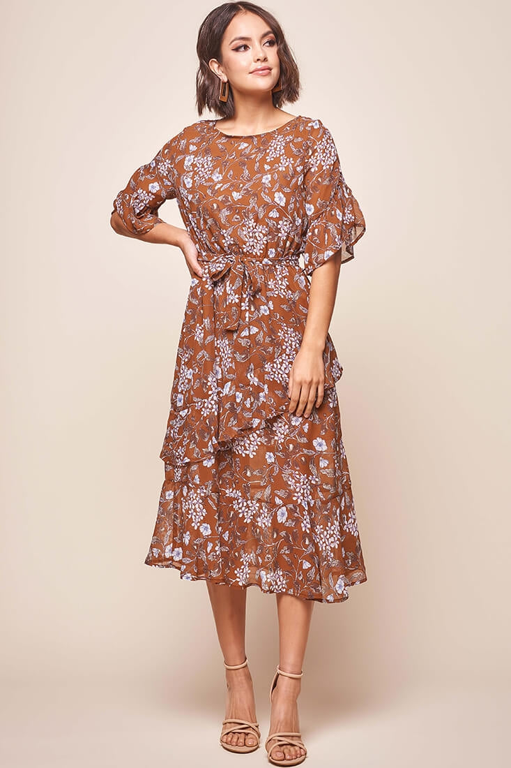 Jackson Waist Tie Ruffle Dress Rust Print by Selfie Leslie