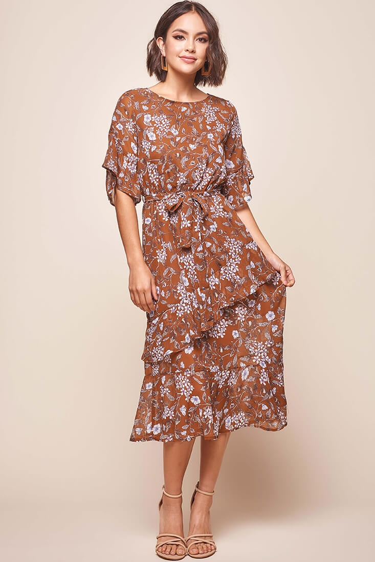 Jackson Waist Tie Ruffle Dress Rust Print by Selfie Leslie