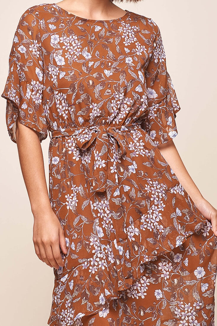 Jackson Waist Tie Ruffle Dress Rust Print by Selfie Leslie