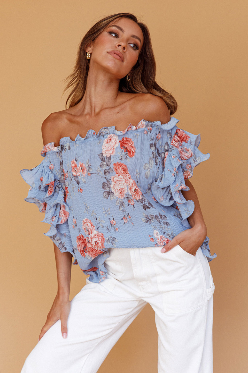 Miranda Off-Shoulder Ruffle Sleeve Top Floral Print Blue by Selfie Leslie