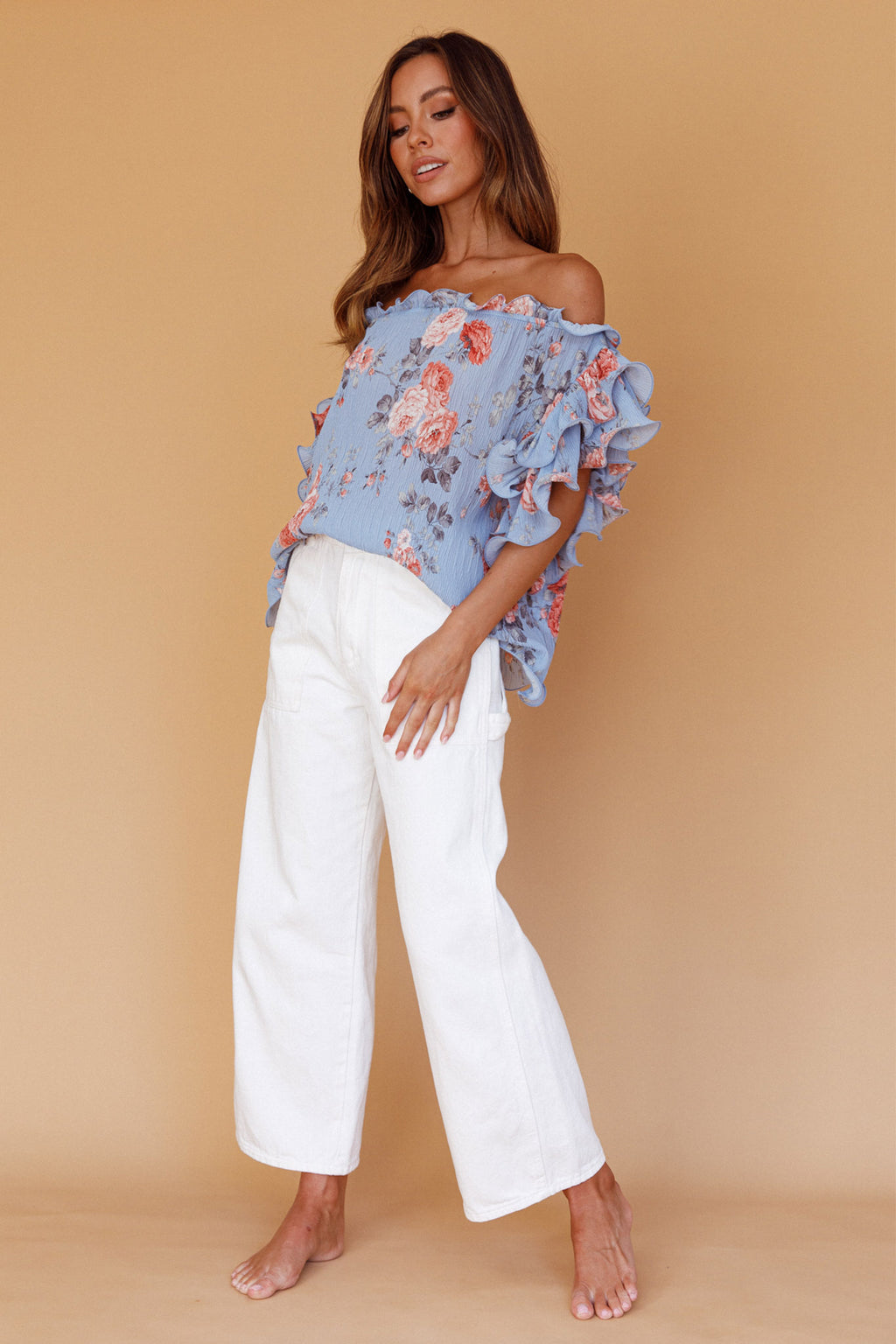 Miranda Off-Shoulder Ruffle Sleeve Top Floral Print Blue by Selfie Leslie