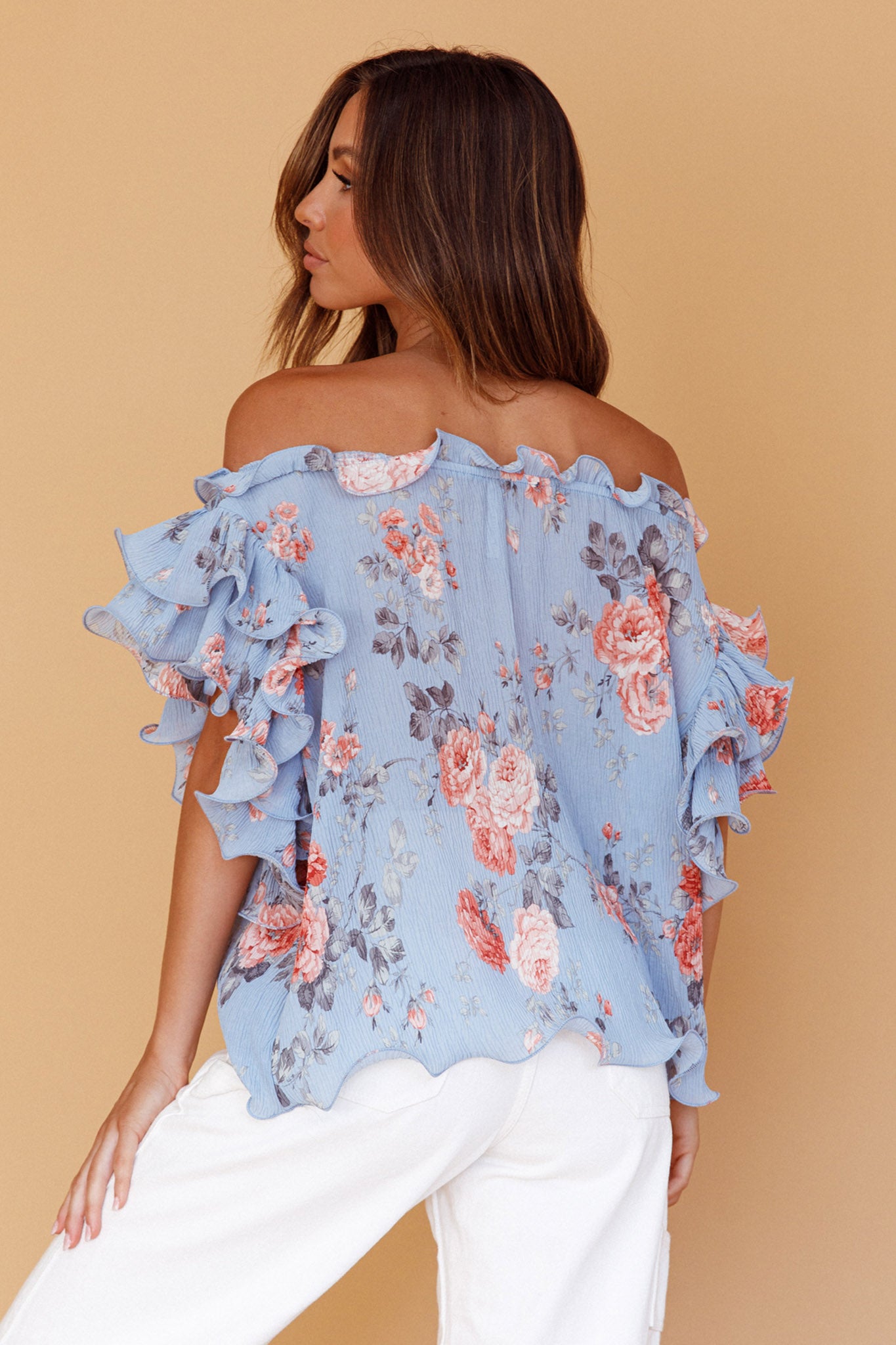 Miranda Off-Shoulder Ruffle Sleeve Top Floral Print Blue by Selfie Leslie