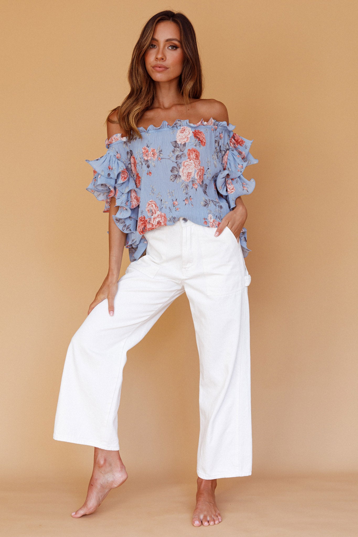 Miranda Off-Shoulder Ruffle Sleeve Top Floral Print Blue by Selfie Leslie