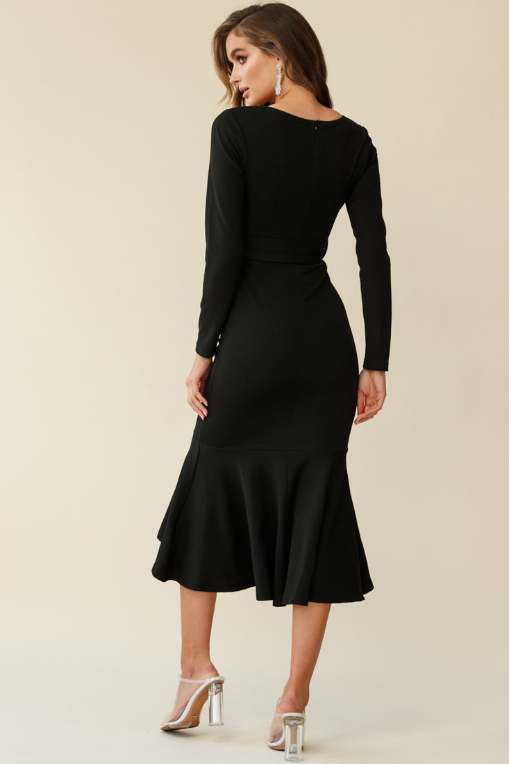 Sorry Not Sorry Long Sleeve Flounce Midi Dress Black by Selfie Leslie