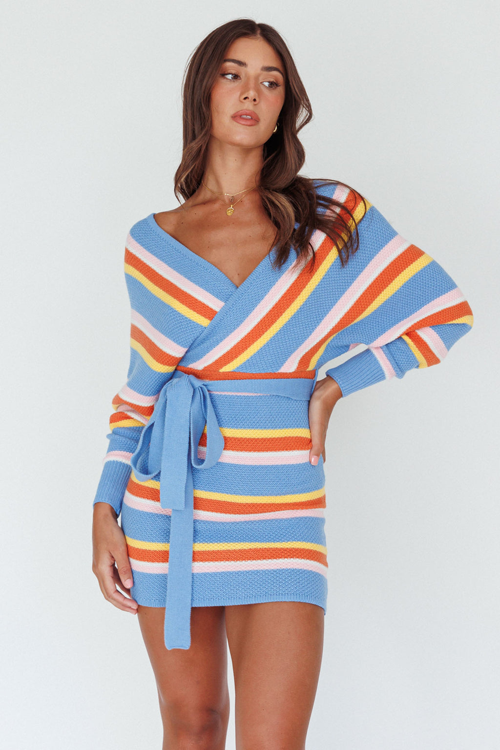 Cameo Batwing Knit Dress Striped Blue by Selfie Leslie