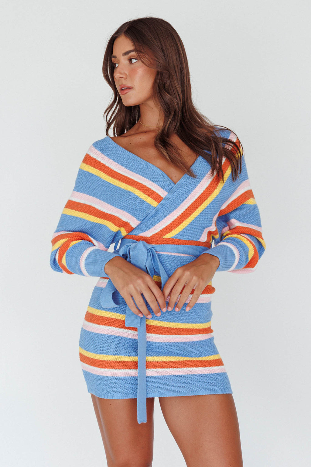 Cameo Batwing Knit Dress Striped Blue by Selfie Leslie