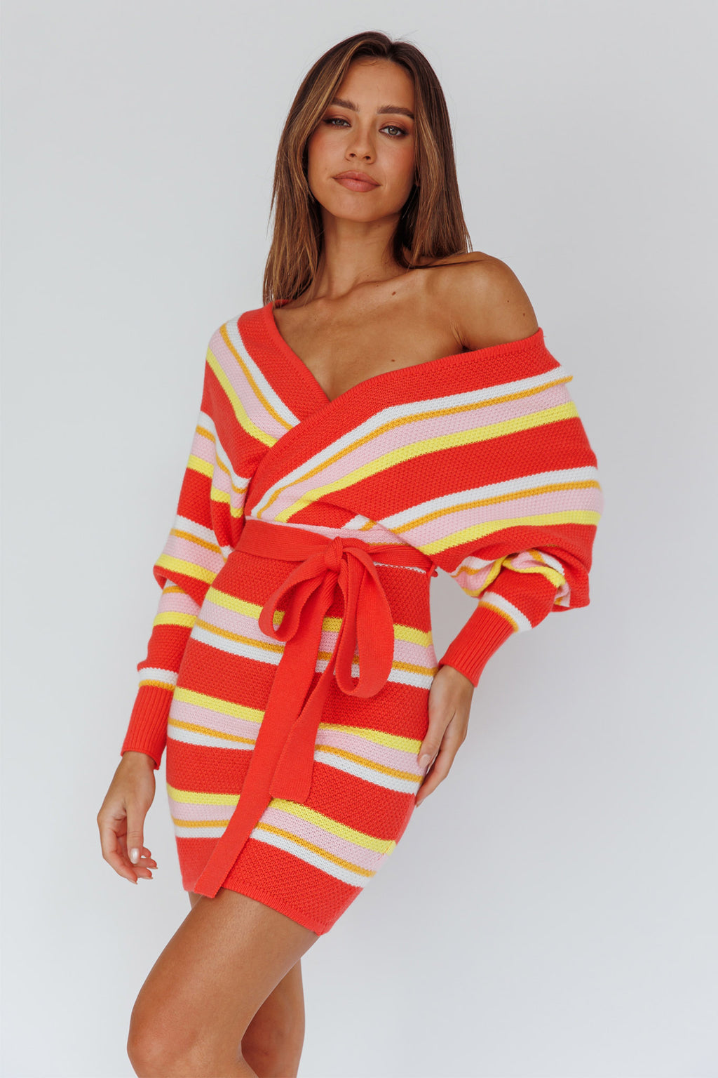 Cameo Batwing Knit Dress Striped Pink L Cameo Batwing Knit Dress Striped Pink L