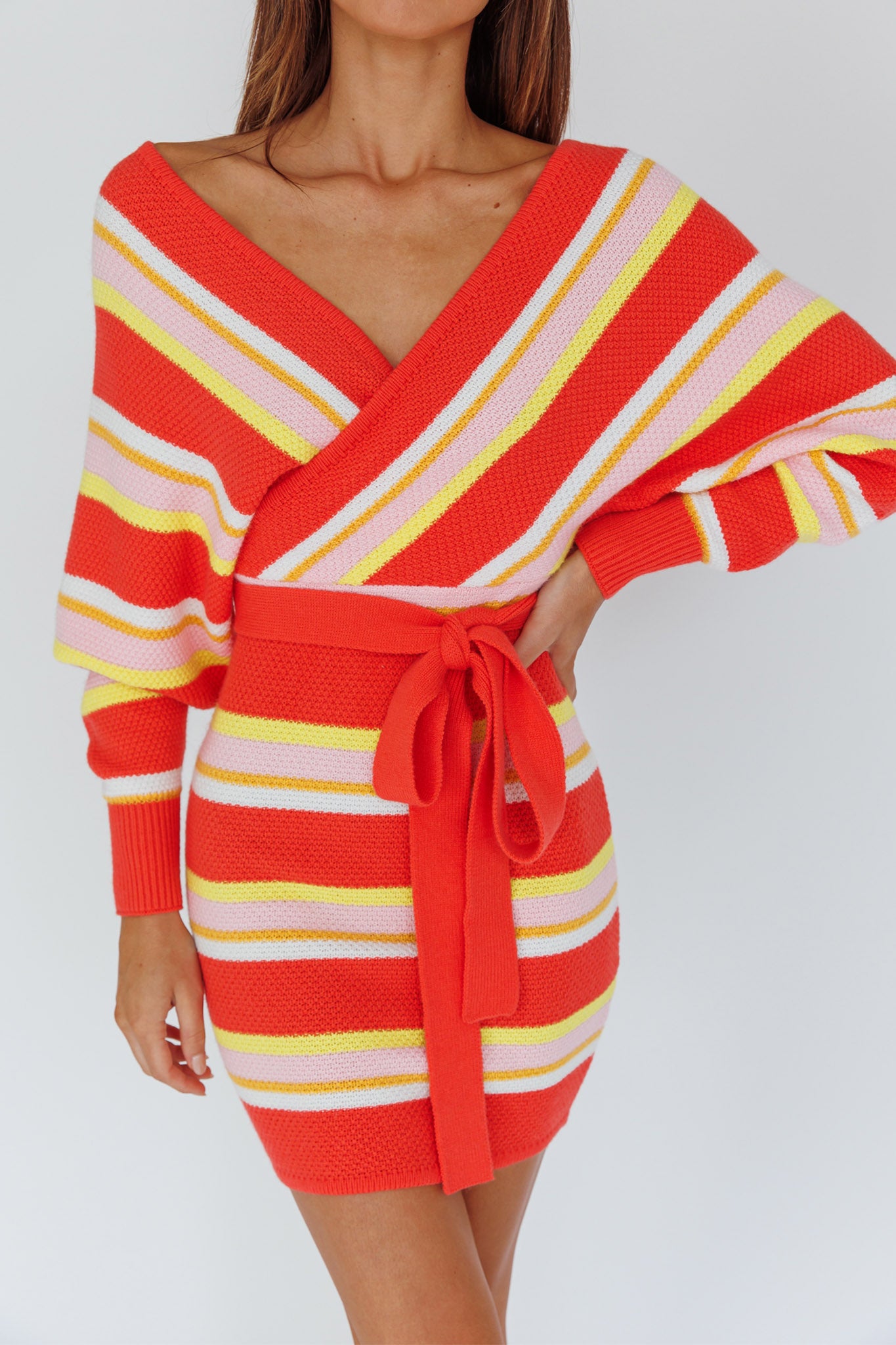 Cameo Batwing Knit Dress Striped Pink by Selfie Leslie