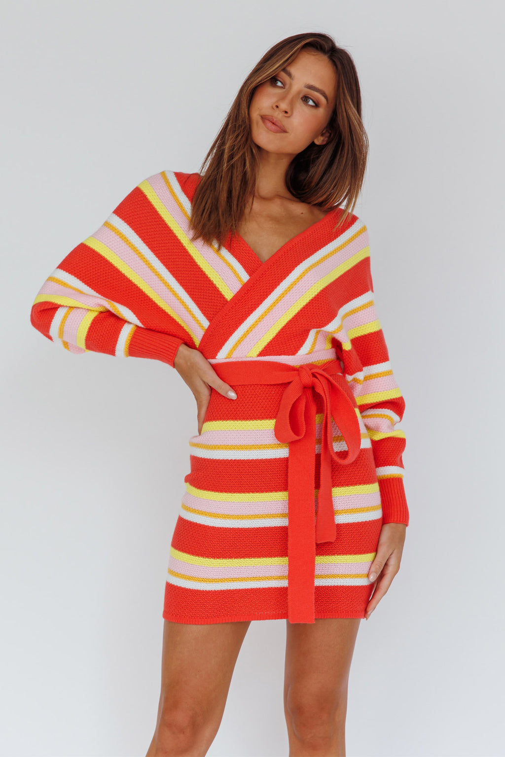 Cameo Batwing Knit Dress Striped Pink by Selfie Leslie