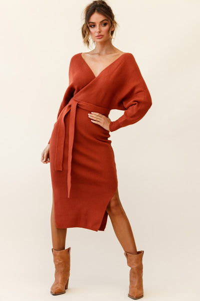 Cameo Batwing Knit Midi Dress Camel | Selfie Leslie