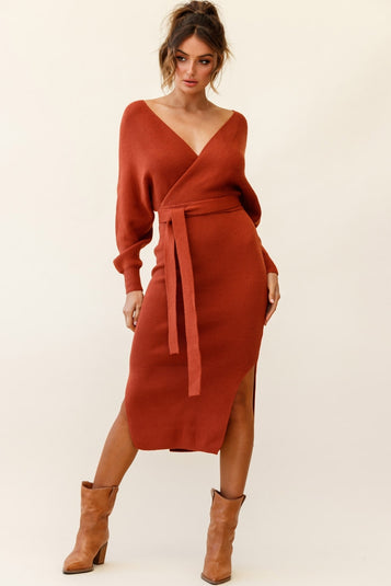 Cameo Batwing Knit Dress Camel