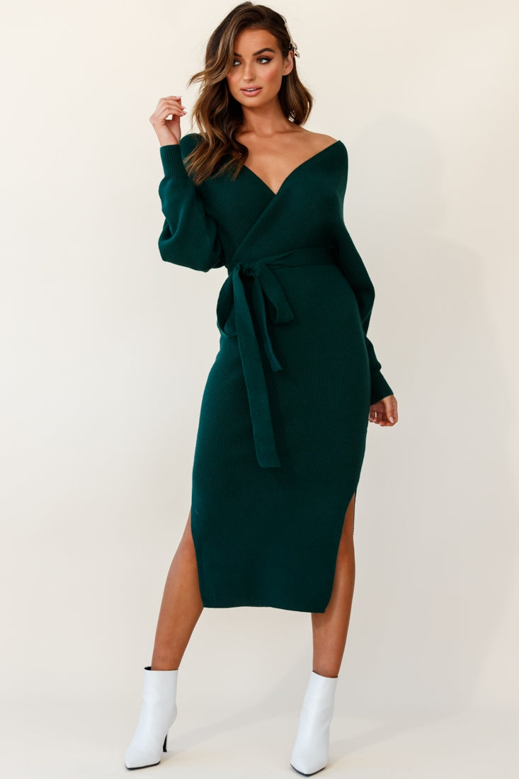 Cameo Batwing Knit Midi Dress Forest Green - S Cameo Batwing Knit Midi Dress Forest Green - S