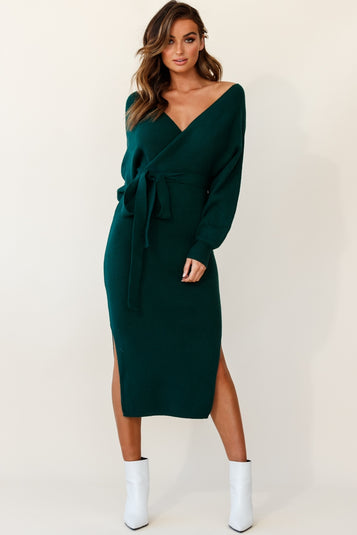 Shop the Cameo Batwing Knit Midi Dress Forest Green | Selfie Leslie