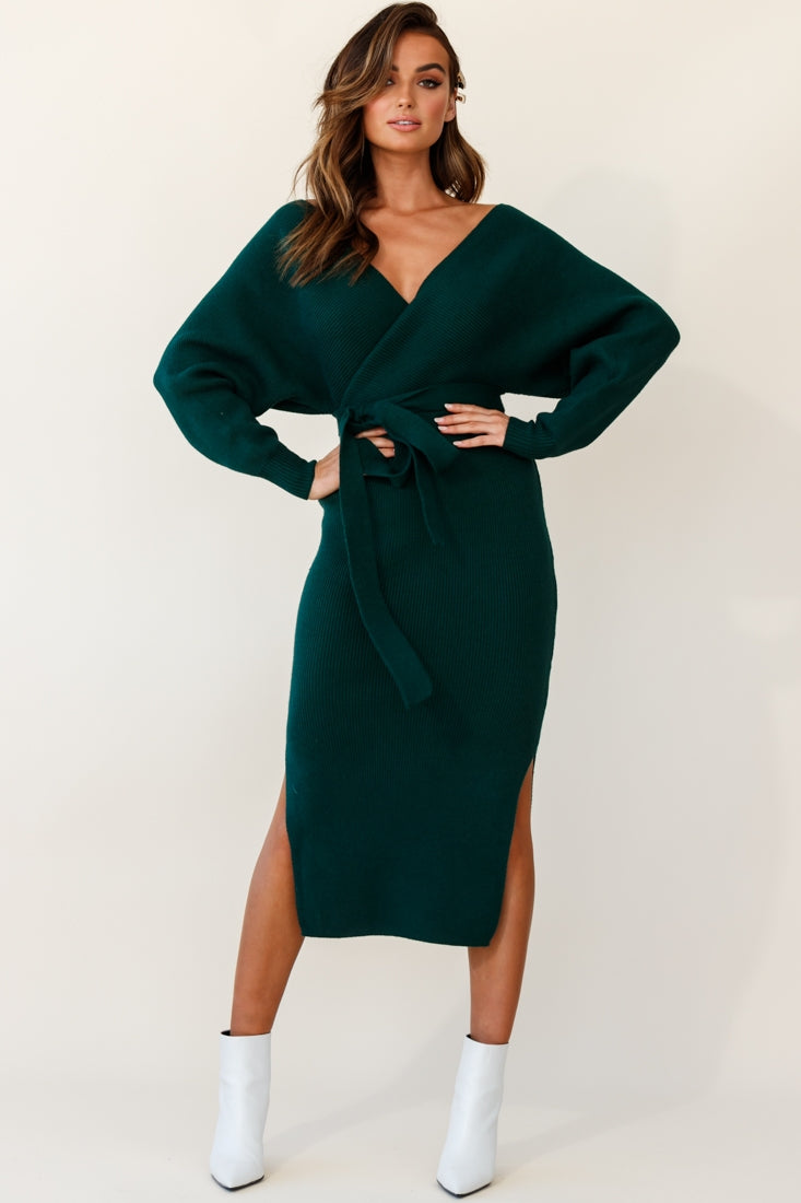 Cameo Batwing Knit Midi Dress Forest Green - S Cameo Batwing Knit Midi Dress Forest Green - S