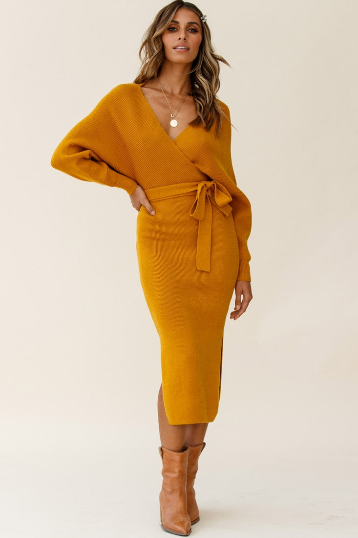 Cameo Batwing Knit Midi Dress Mustard by Selfie Leslie