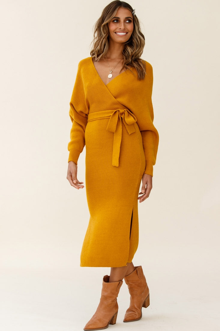 Cameo Batwing Knit Midi Dress Mustard by Selfie Leslie