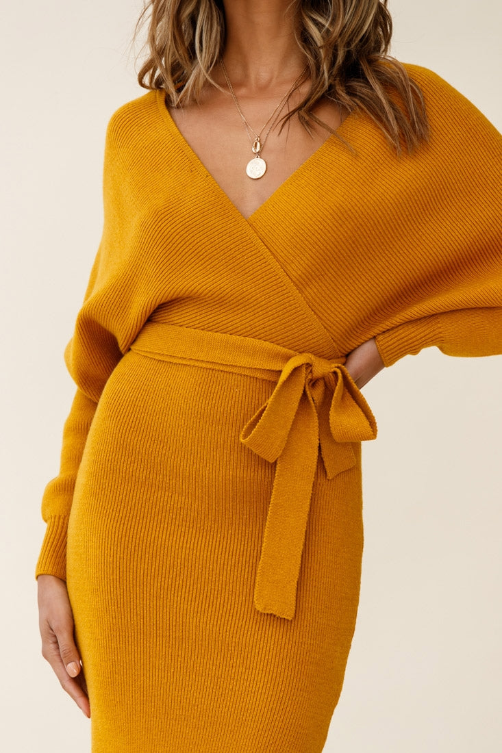 Cameo Batwing Knit Midi Dress Mustard by Selfie Leslie