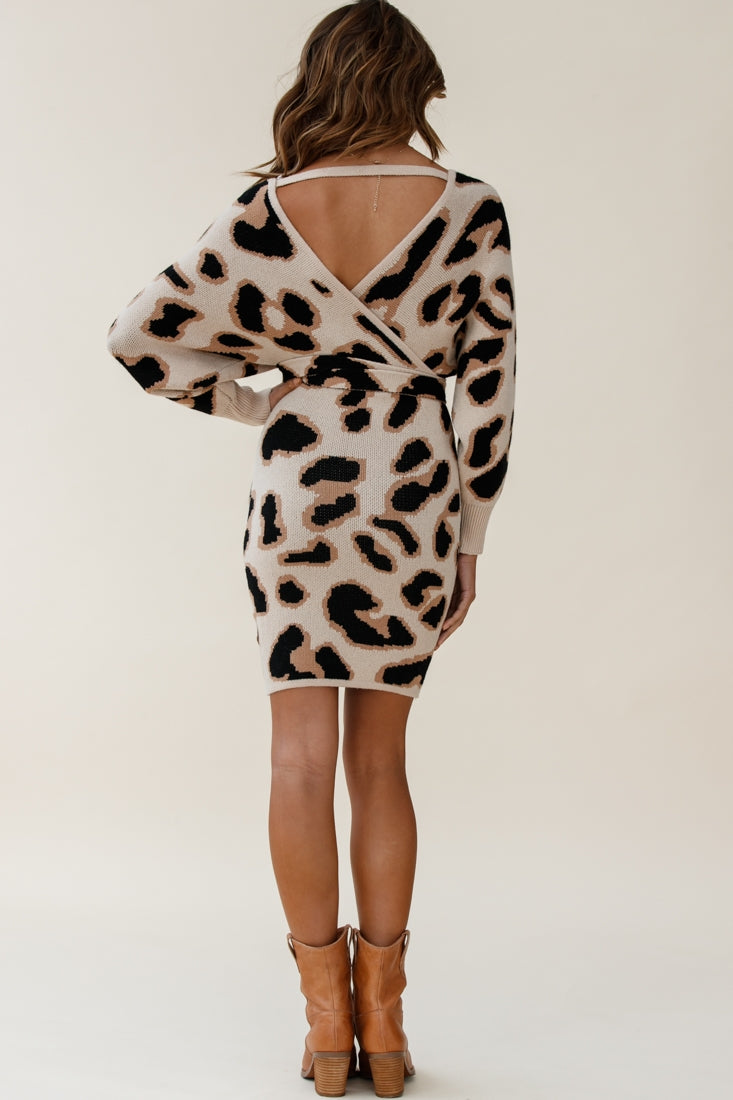 Cameo Batwing Knit Dress Animal Print Beige by Selfie Leslie