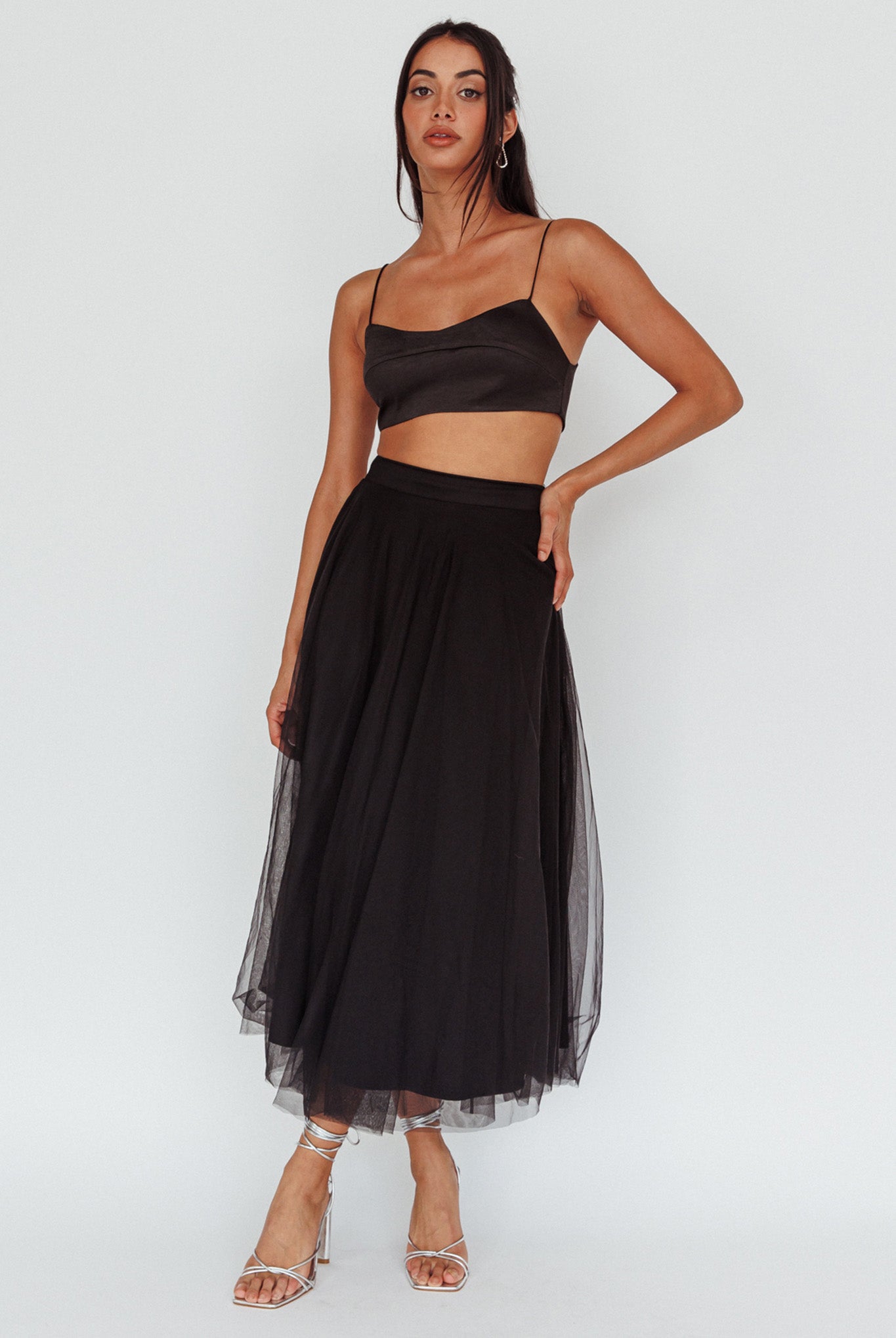 Jasmine Organza Mesh Elasticated Waist Midi Skirt Black by Selfie Leslie