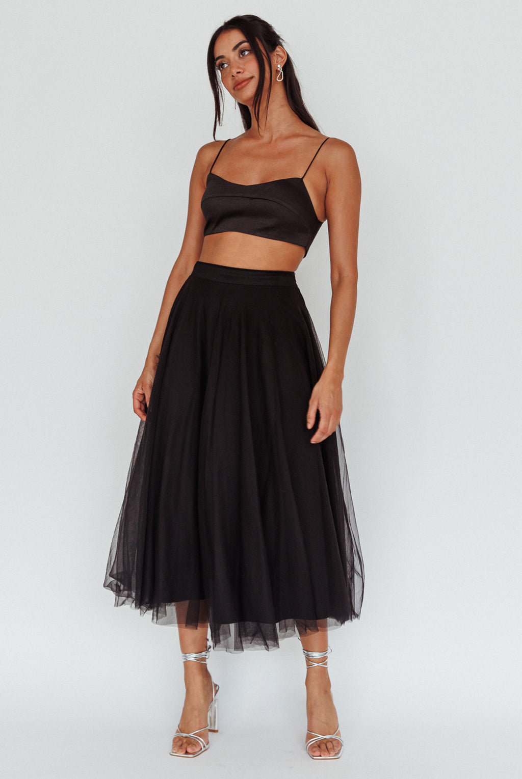 Jasmine Organza Mesh Elasticated Waist Midi Skirt Black by Selfie Leslie