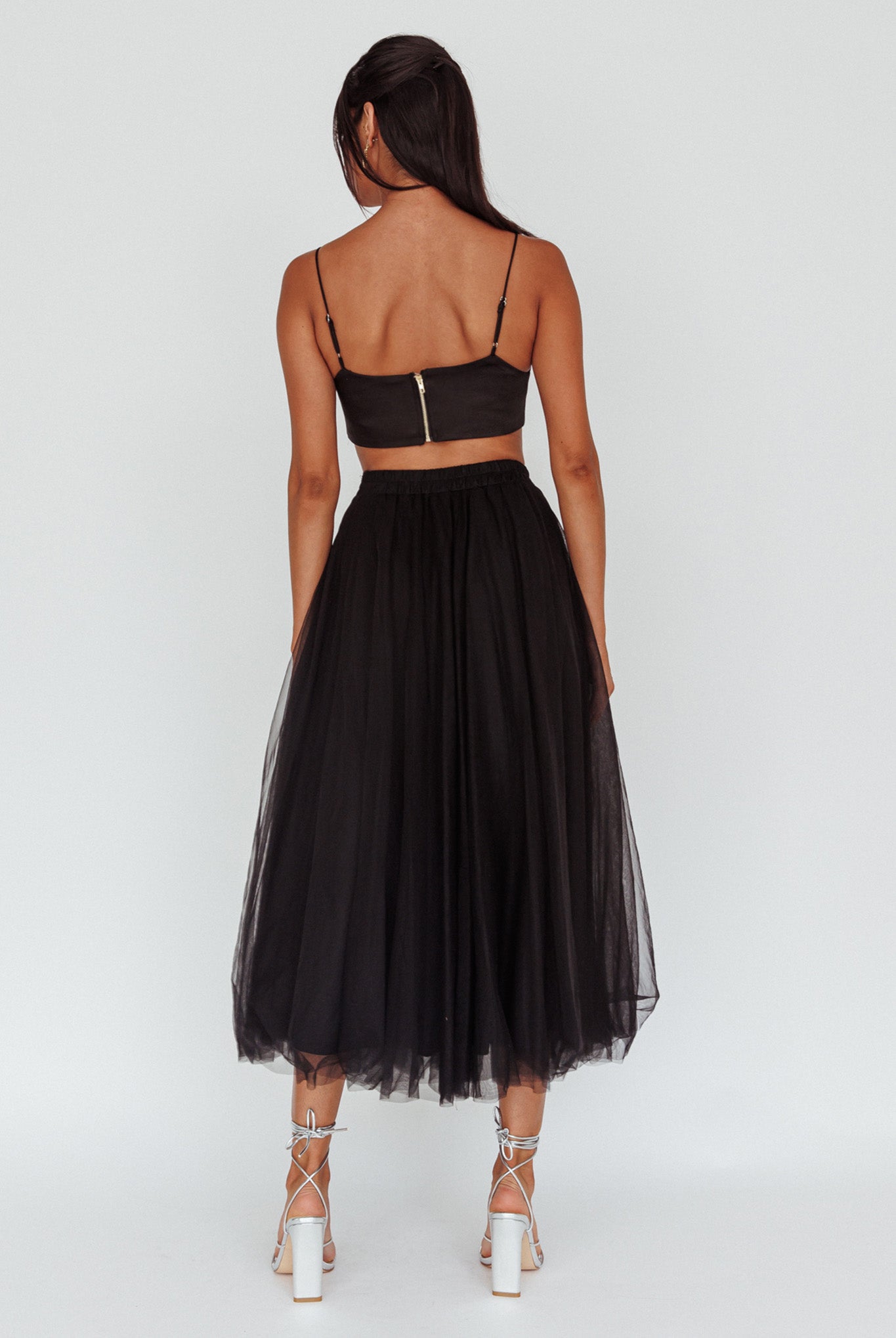 Jasmine Organza Mesh Elasticated Waist Midi Skirt Black by Selfie Leslie