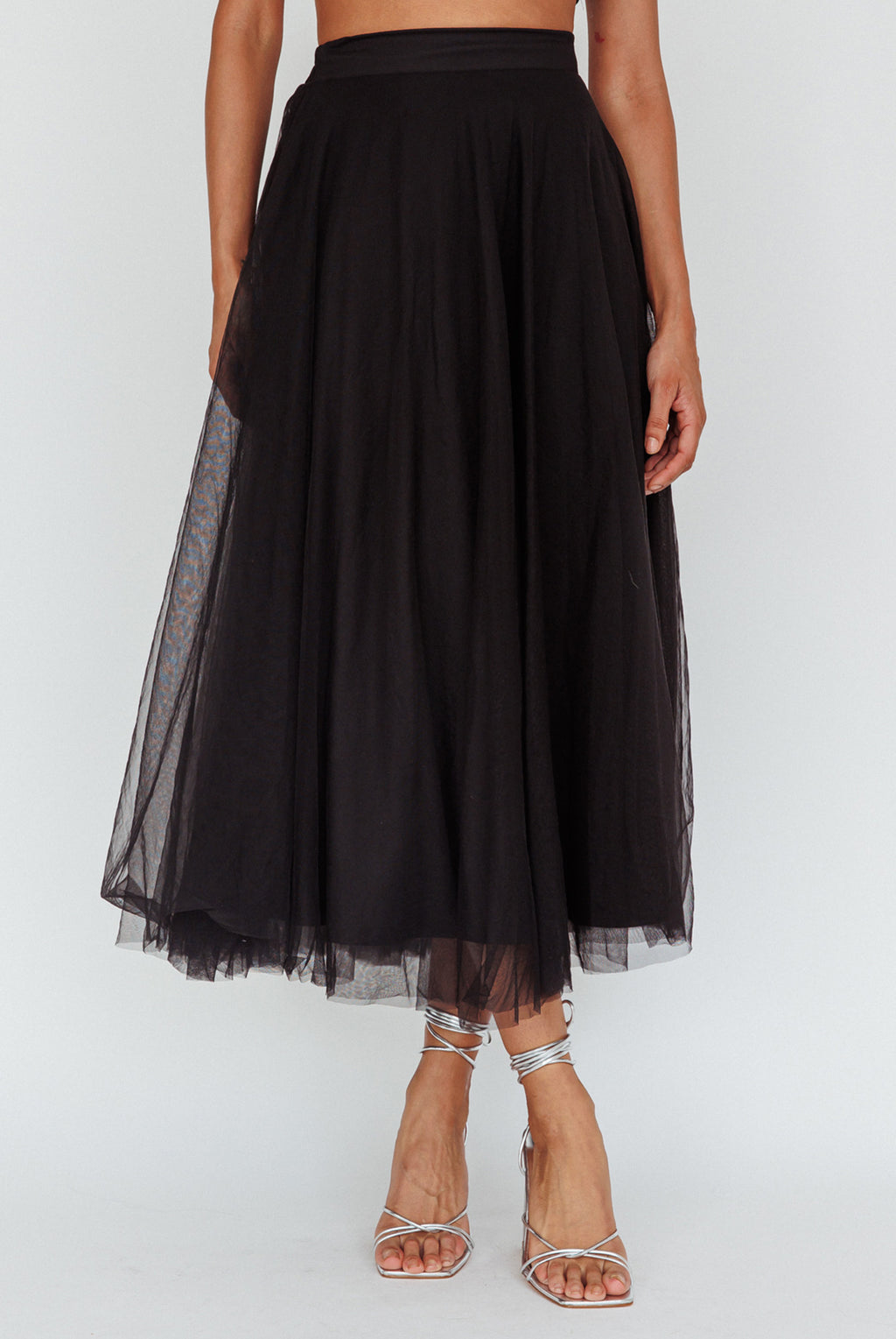 Jasmine Organza Mesh Elasticated Waist Midi Skirt Black by Selfie Leslie