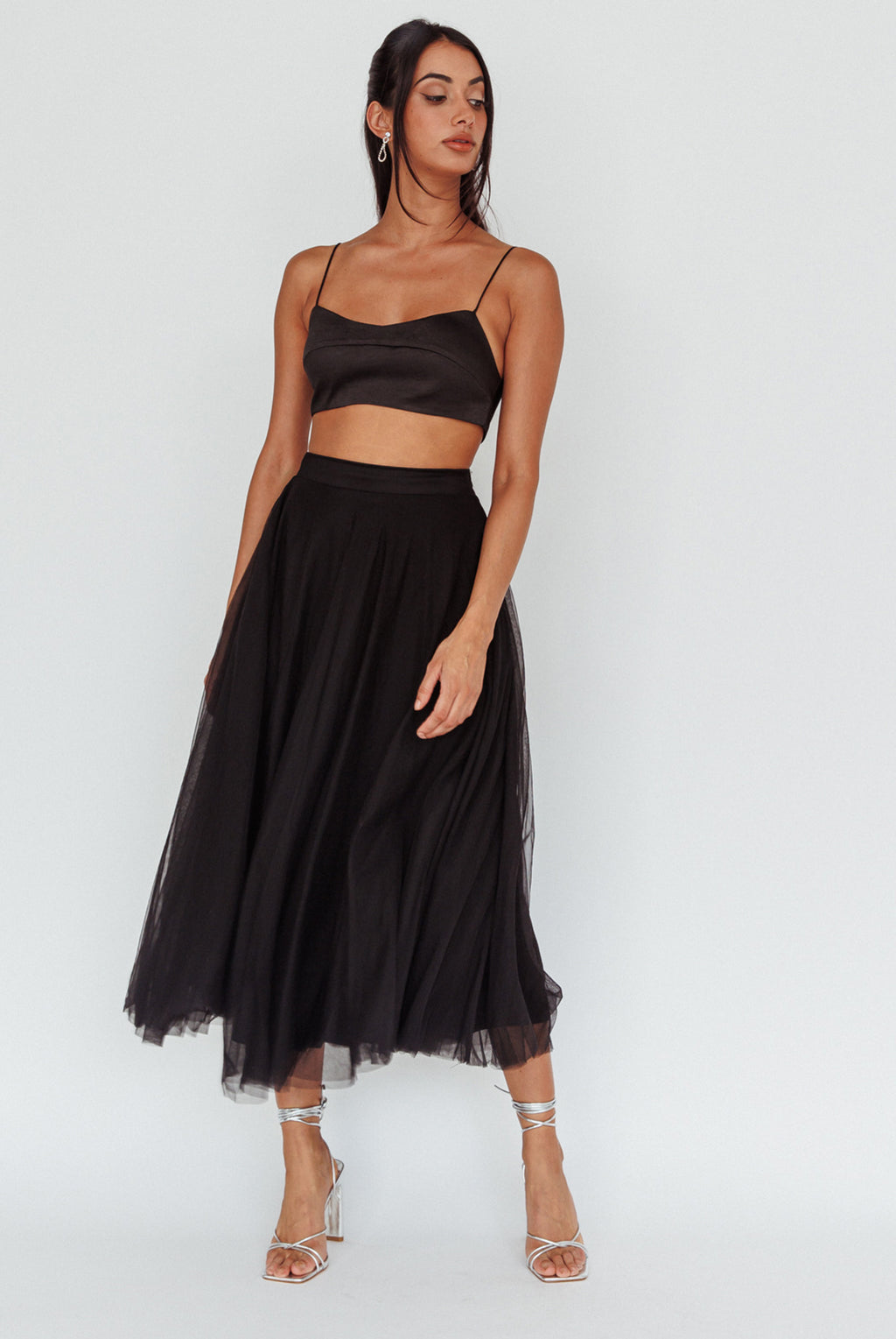 Jasmine Organza Mesh Elasticated Waist Midi Skirt Black by Selfie Leslie