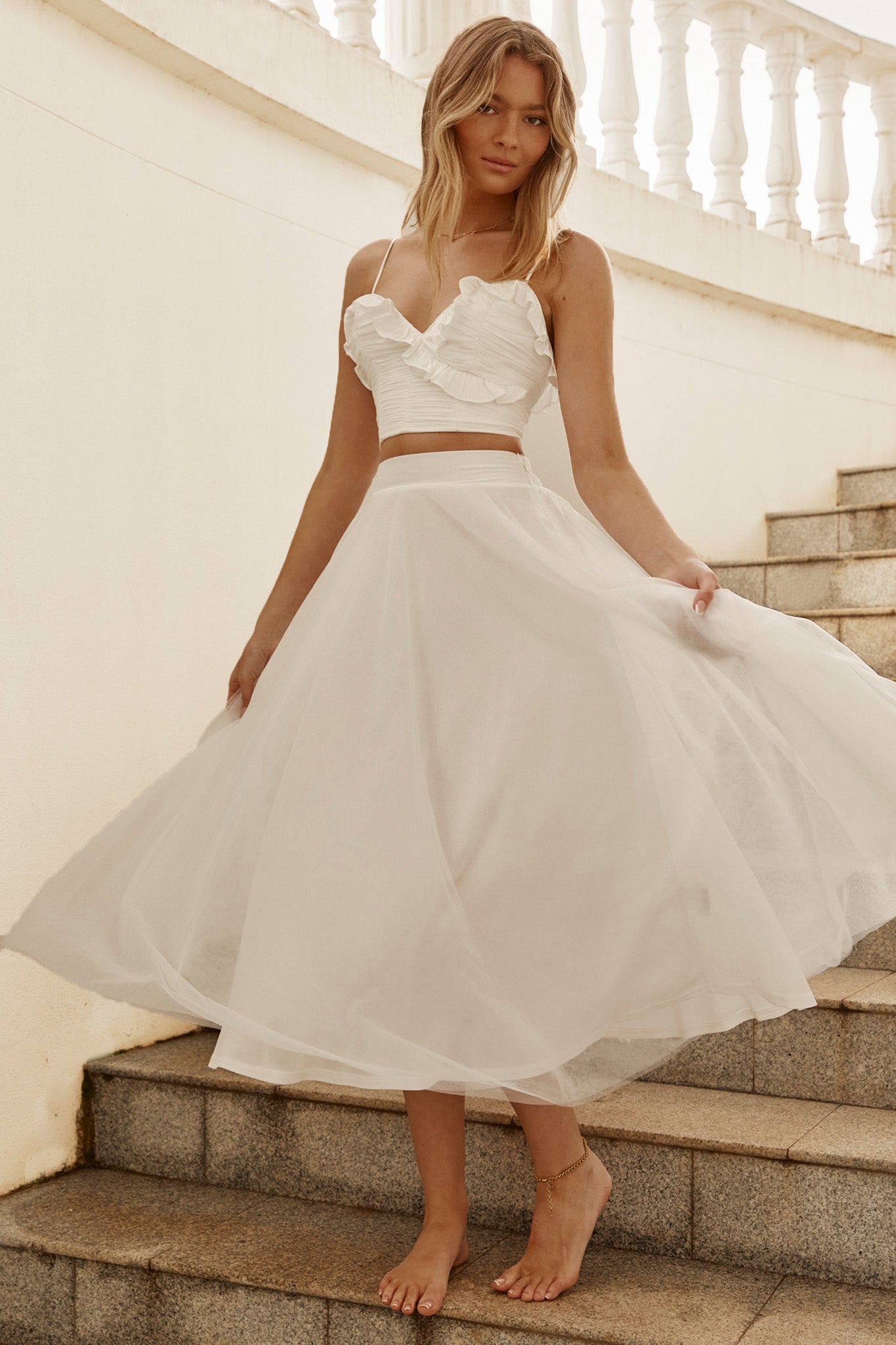 Jasmine Organza Mesh Elasticated Waist Midi Skirt White– Selfie Leslie