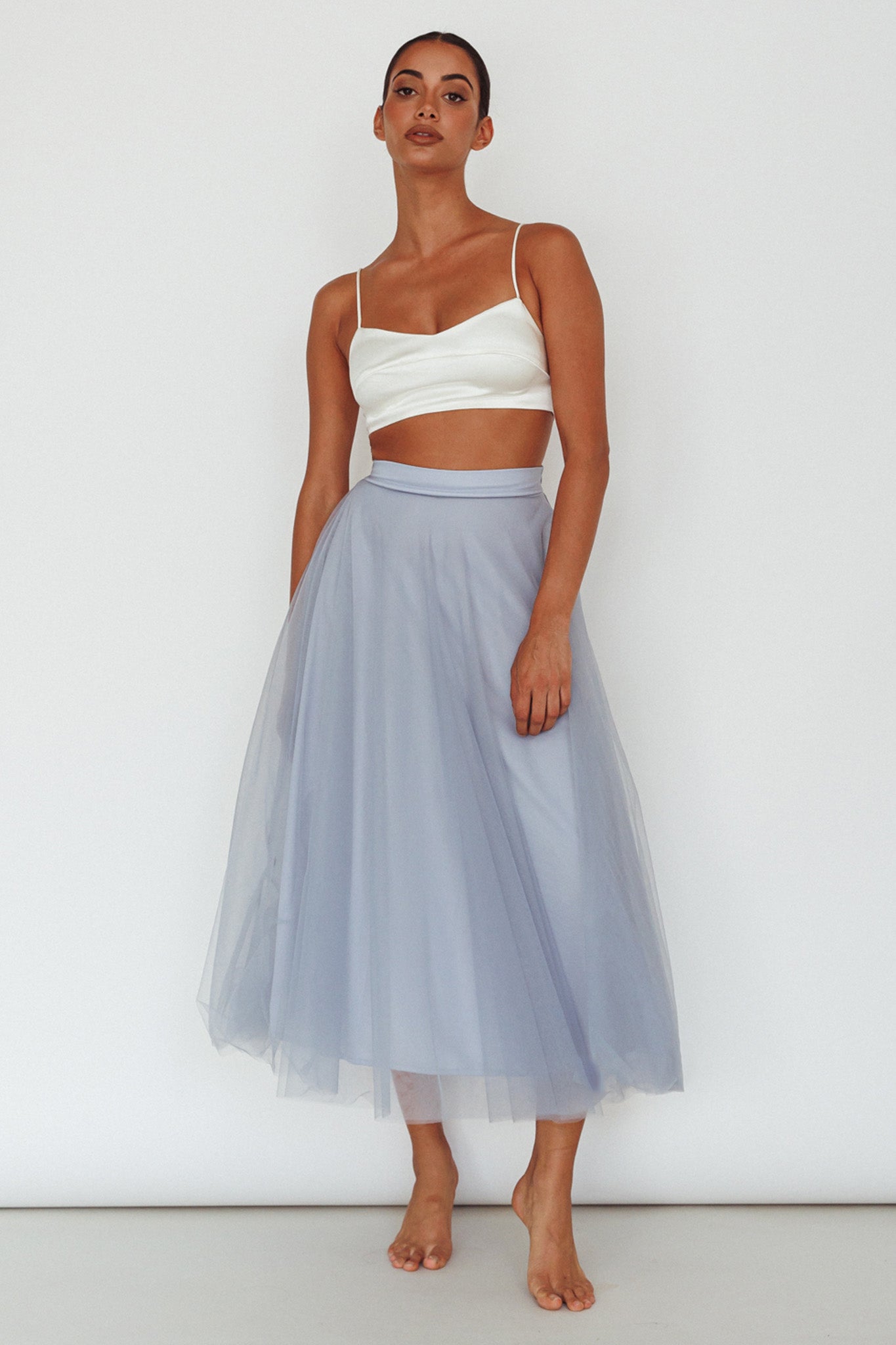 Jasmine Organza Mesh Elasticated Waist Midi Skirt Blue by Selfie Leslie